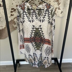 Geometric Pattern Long Sleeve Top - Cream and Black, Size XL